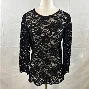 Boden‎ Lace 3/4 Sleeve Floral Black Zipper Tie Top Blouse Size 8